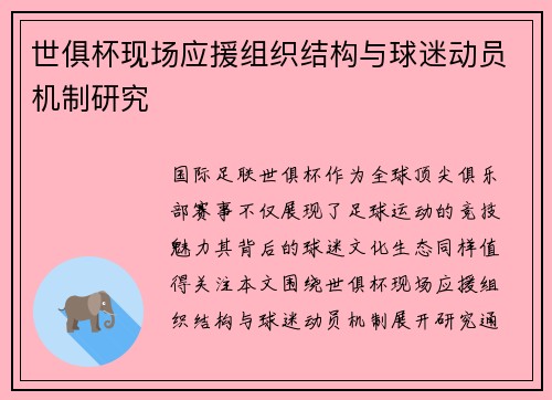 世俱杯现场应援组织结构与球迷动员机制研究